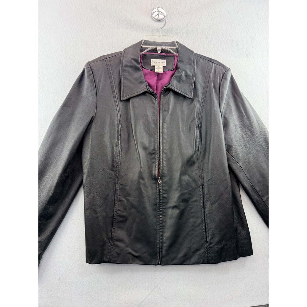 Kim Rogers Womens Leather Jacket Size XL Black Zip Front Magenta Lined Classic